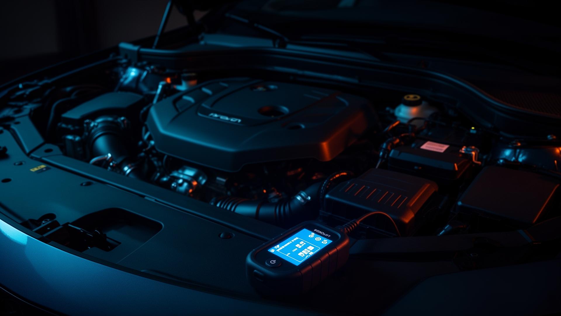 Diagnostic OBD-II scanner glowing on a modern engine bay